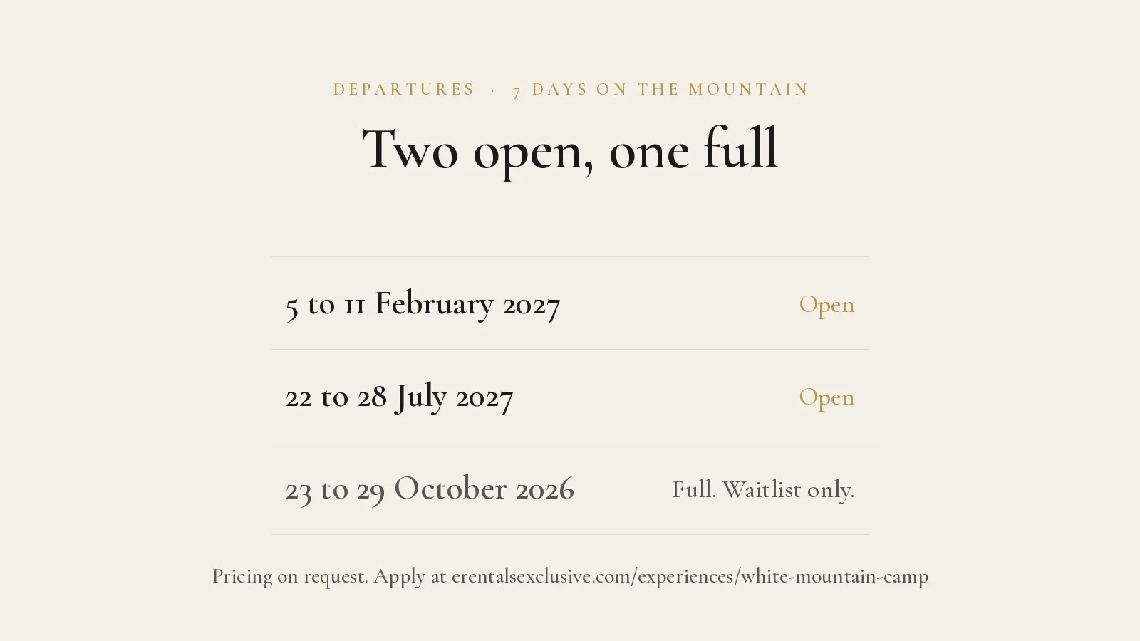 White Mountain Camp departures: 5 to 11 February 2027 and 22 to 28 July 2027 open, 23 to 29 October 2026 full